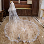 Two-Layer Wedding Veil with Appliques and Flowers Unique Long Bridal Veils with Comb AX