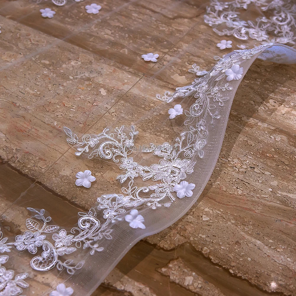 Two-Layer Wedding Veil with Appliques and Flowers Unique Long Bridal Veils with Comb AX