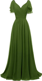 Ruffle Sleeves Bridesmaid Dress V-Neck Chiffon Long Formal Wedding Evening Dress Y1315 by simplepromdress