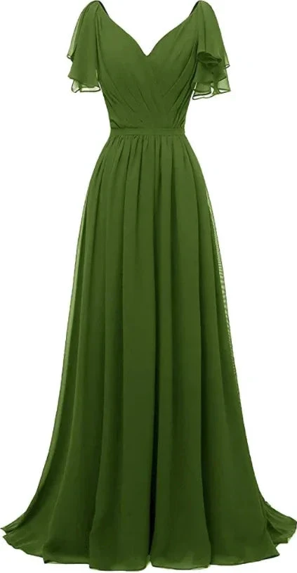 Ruffle Sleeves Bridesmaid Dress V-Neck Chiffon Long Formal Wedding Evening Dress Y1315 by simplepromdress