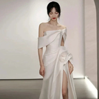 Off Shoulder Satin Wedding Dress White Mermaid Long Bridal Gown with Slit Y7336 by simplepromdress