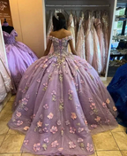 Lavender Applique Off Shoulder Shiny Elegant Tulle Ball Gown 3D Flowers Princess Dress Sweet 15th Y285 by simplepromdress