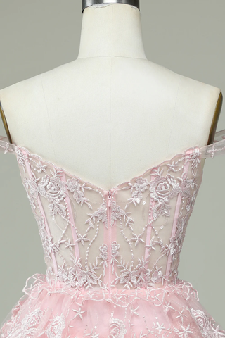 Pink Off The Shoulder Corset Homecoming Dress With Lace Y2471