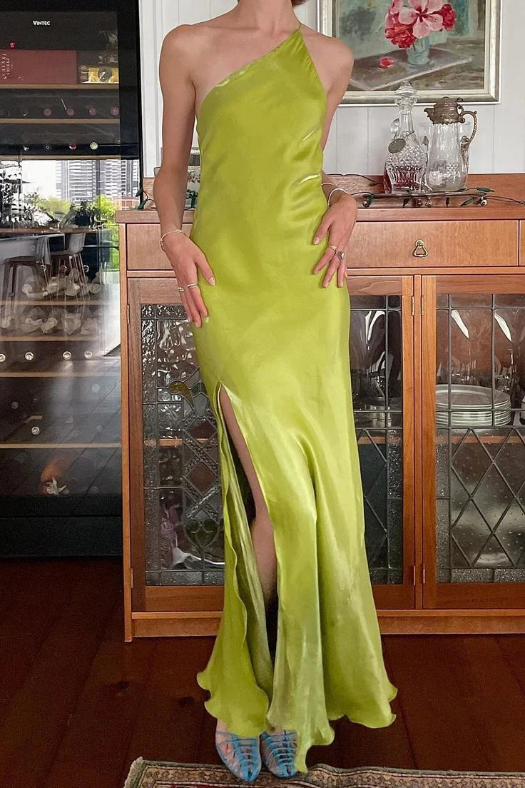 Elegant Green Sheath One Shoulder Long Party Prom Dress With Slit Backless Evening Dress Y8550 by simplepromdress