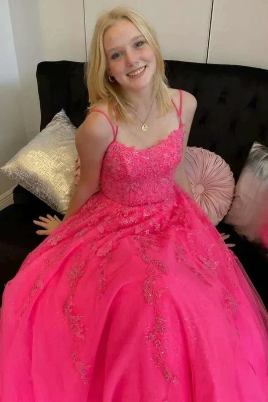 Open Back Hot Pink Tulle Lace Long Prom Dresses, Hot Pink Lace Formal Graduation Evening Dresses Y1585 by simplepromdress