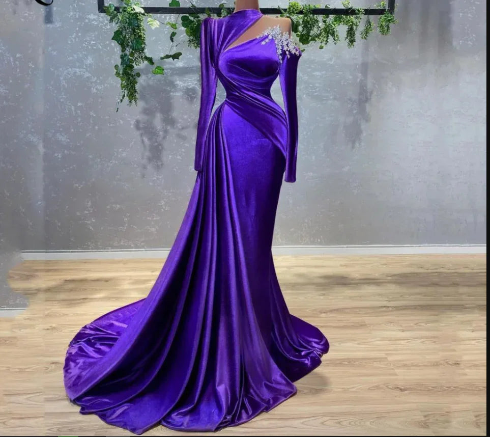 Elegant purple evening gown with draped satin and beaded shoulder detail displayed at ZAPDRESS