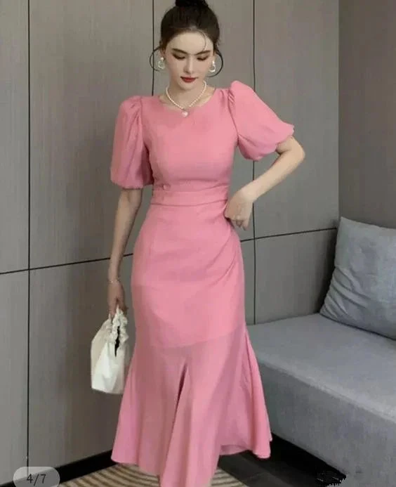 Classy Pink Puff Sleeves Mermaid Mid-length Prom Dress Pink Cocktail Dress Y5599 by simplepromdress