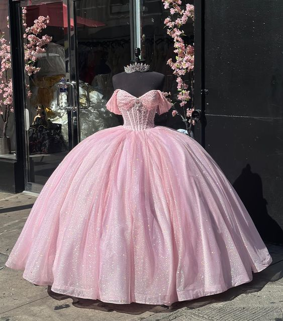 Glitter Off The Shoulder Pink Ball Gown,Pink Sweet 16 Dress,Pink Princess Dress  Y7002 Main Image