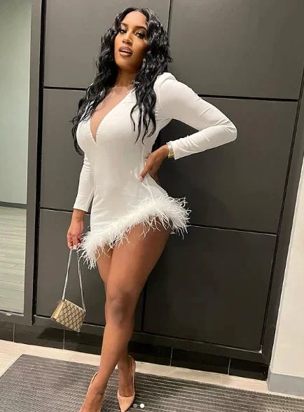 Solid Plunge Fluffy Irregular Party Dress White Dresses Sexy White Homecoming Dress Y332 by simplepromdress