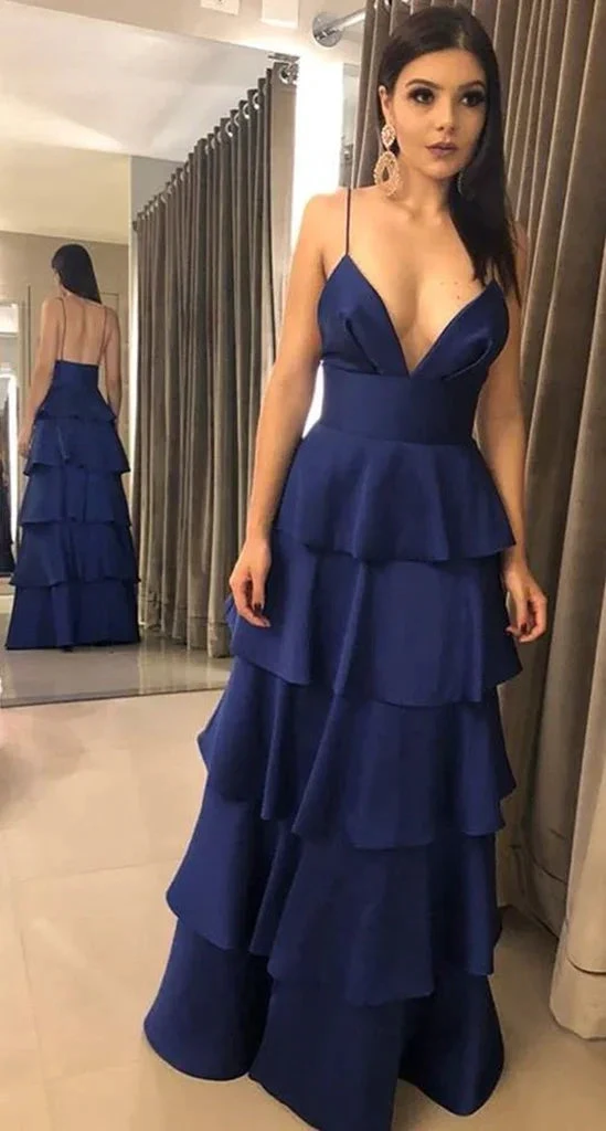Elegant A-line Spaghetti Straps Satin Tiered Evening Dress Y728 by simplepromdress