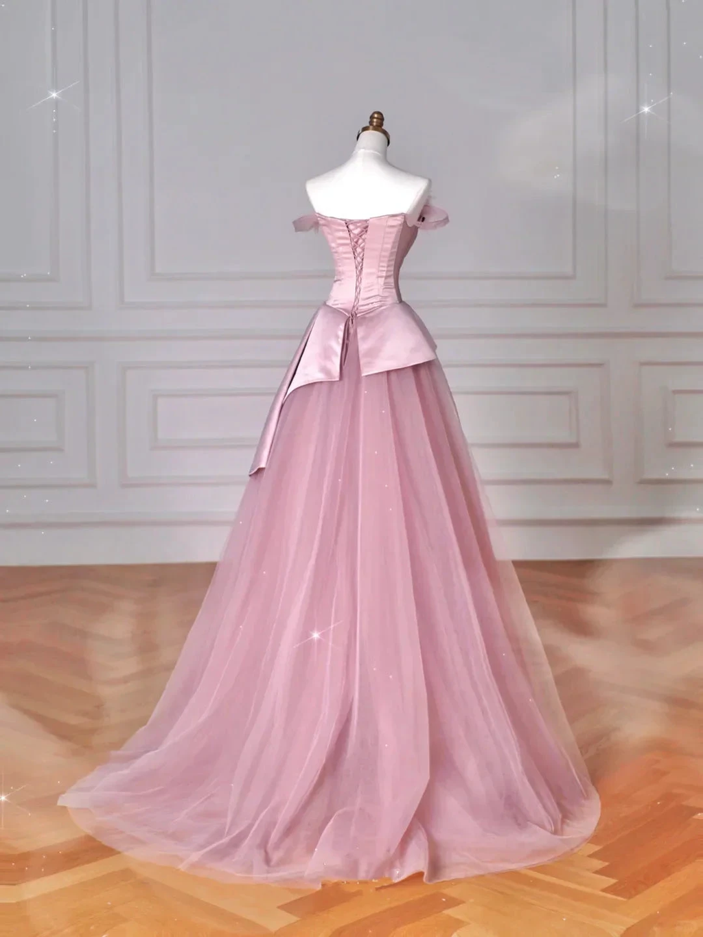 Elegant Feathers Neck Strapless Tulle Satin Ball Gown Pink A Line Prom Evening Dress Y8629 by simplepromdress