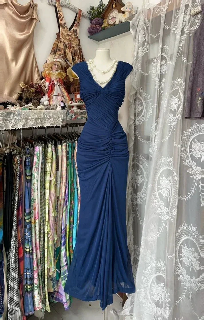Vintage Navy Blue Chiffon Ruched Evening Gown Mermaid Party Prom Dress Y8076 by simplepromdress