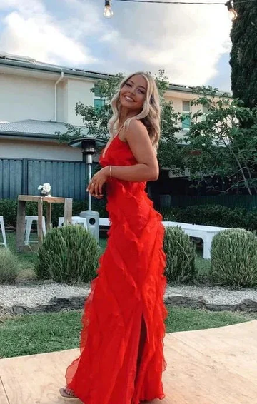 Red Ruffle Long Formal Dress Elegant Evening Dresses Y6823 by simplepromdress