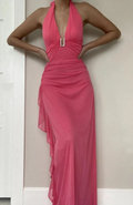 Charming Pink Chiffon Ruffles Evening Dress V Neck Prom Dress Y7783 by simplepromdress