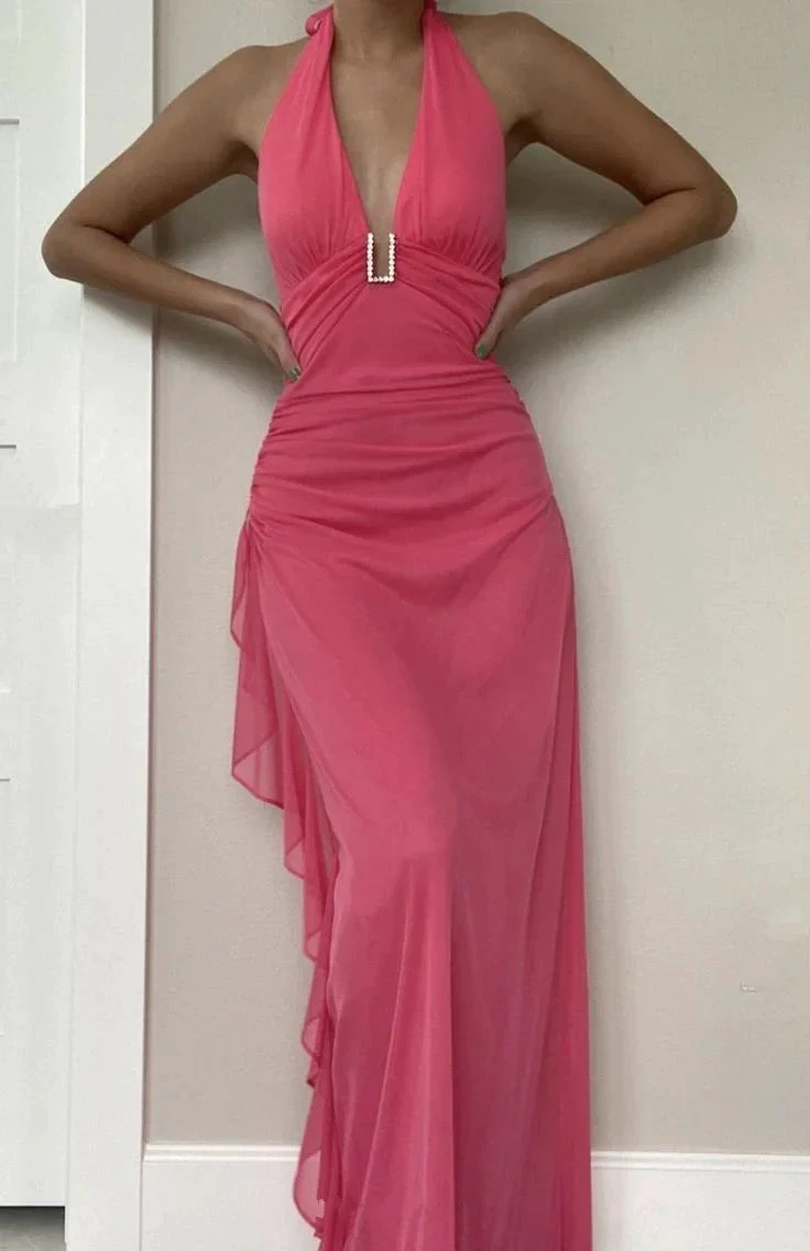 Charming Pink Chiffon Ruffles Evening Dress V Neck Prom Dress Y7783 by simplepromdress