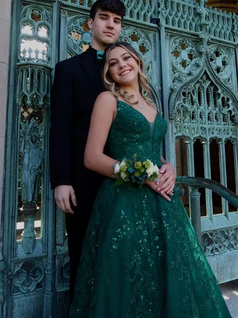 A Line V Neck Green Lace Long Prom Dresses, Green Lace Formal Dresses, Green Evening Dresses Y4079 by simplepromdress