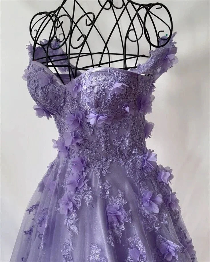 Lavender floral lace dress on mannequin, elegant formal gown from ZAPDRESS