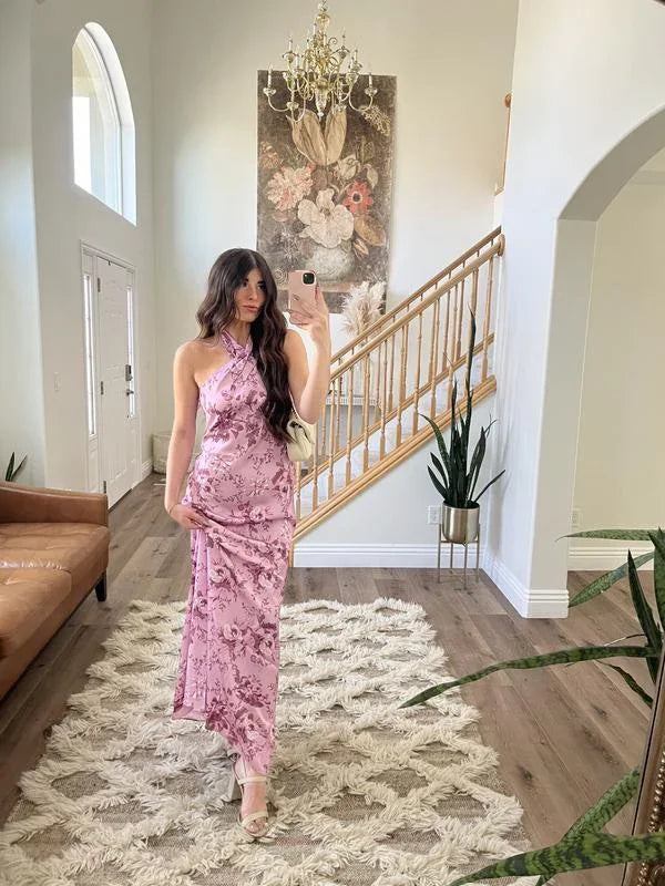 Elegant Halter Pink Satin Print Long Prom Dress Evening Dress Y8454 by simplepromdress