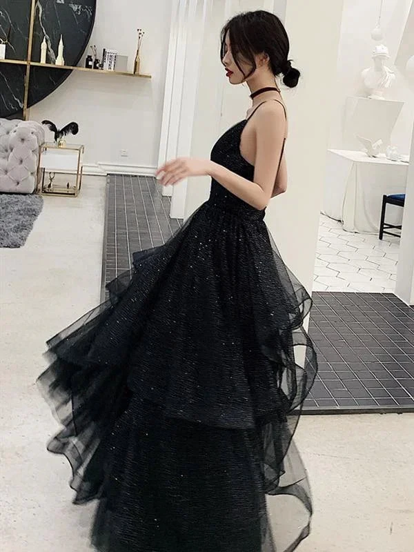 Shiny Black V Neck Prom Dresses, Backless Black V Neck Formal Evening Gown Y1148 by simplepromdress