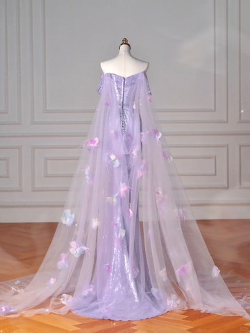 Glitter Lilac Sequin Tulle Beaded Mermaid Slit Evening Dress Off The Shoulder Tulle Appliques Prom Dress Y8632