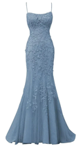 Spaghetti Strap Mermaid Lace Appliques Tulle Prom Dresses Long Criss Cross Backless Formal Evening Dress Y7383 by simplepromdress