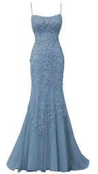 Spaghetti Strap Mermaid Lace Appliques Tulle Prom Dresses Long Criss Cross Backless Formal Evening Dress Y7383 by simplepromdress