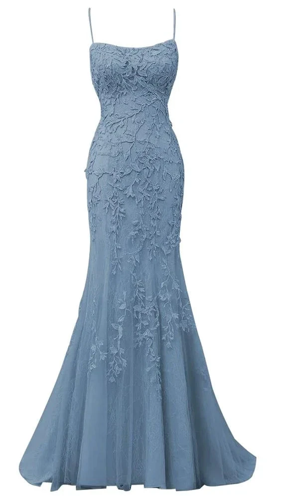 Spaghetti Strap Mermaid Lace Appliques Tulle Prom Dresses Long Criss Cross Backless Formal Evening Dress Y7383 by simplepromdress