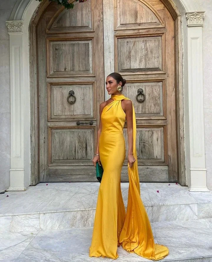 Yellow Satin Backless Off-Shoulder Long Prom Dress Evening Dress Y8466 by simplepromdress