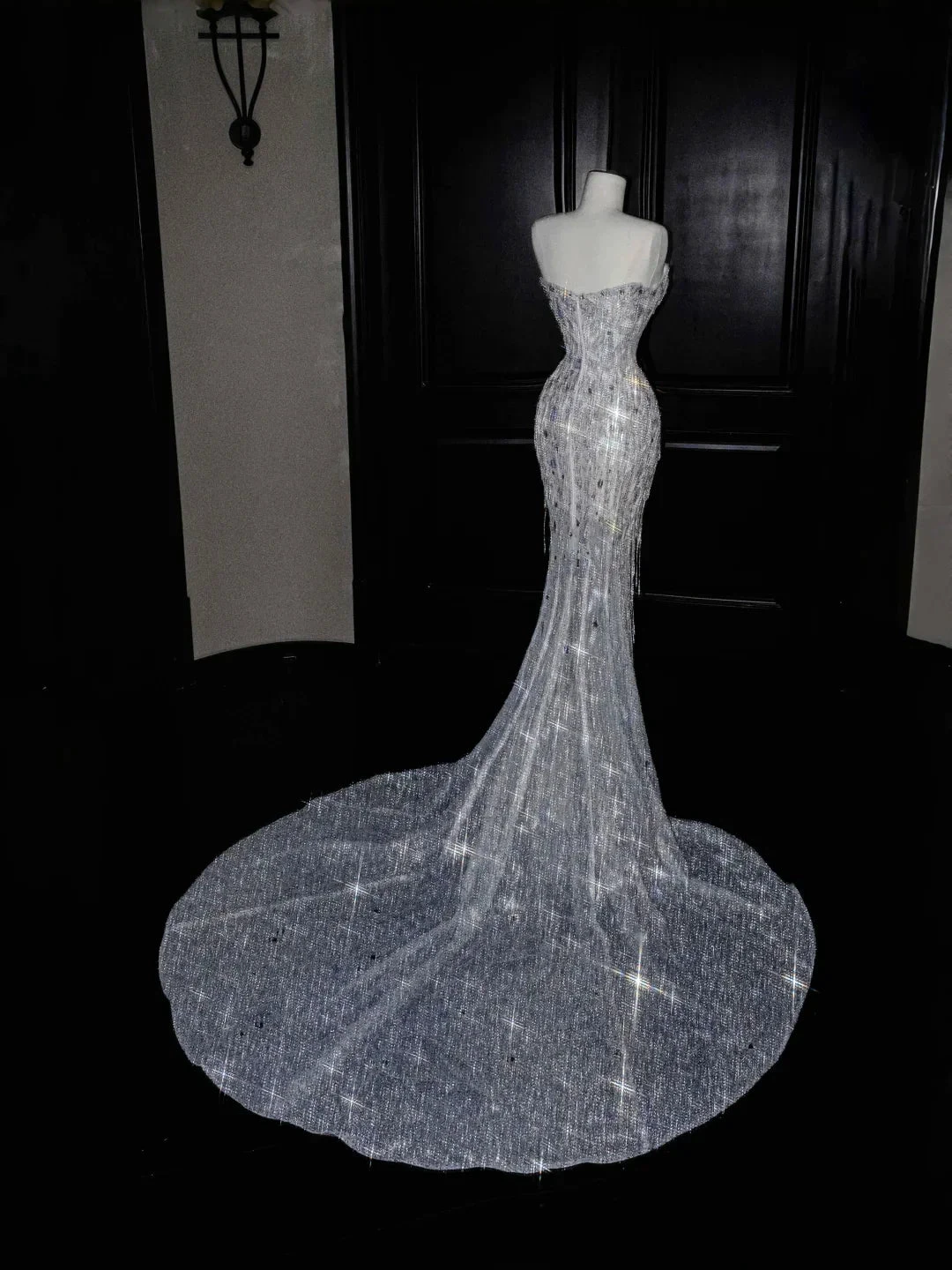 Sparkly Strapless Tulle Sequins Tassel Evening Dress,Slit Mermaid Prom Dress Wedding Dress Y8674 by simplepromdress