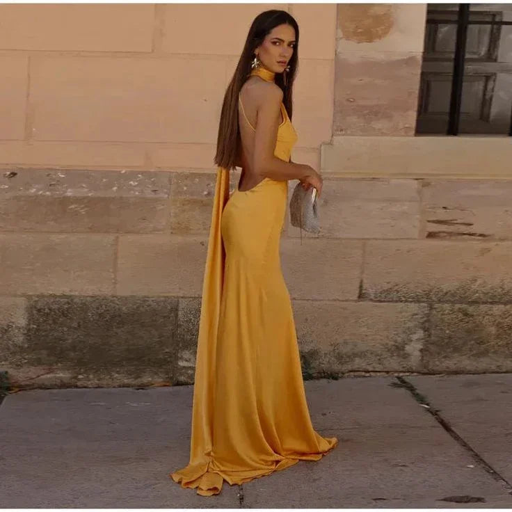 Yellow Satin Backless Off-Shoulder Long Prom Dress Evening Dress Y8466 by simplepromdress