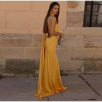 Yellow Satin Backless Off-Shoulder Long Prom Dress Evening Dress Y8466 by simplepromdress