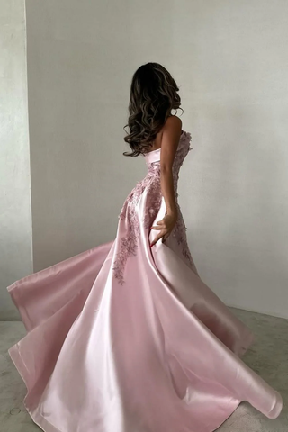 Gorgeous Pink Strapless Satin Appliques Evening Dress Formal Prom Dress Y8427