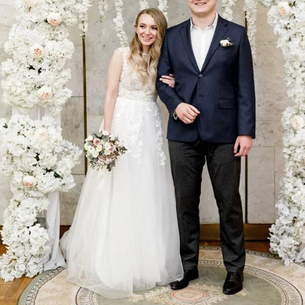 LORI Scoop Lace Applique A Line Wedding Dresses Sleeveless Tulle Boho Bridal Gowns Long Train Elegant Princess Dress Customized