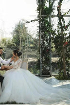 Half sleeves lace V-neck A-line Princess Wedding Dress by misshow.com