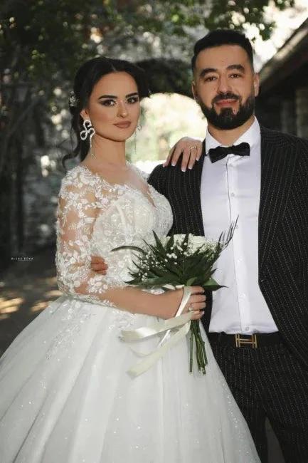 Half sleeves lace V-neck A-line Princess Wedding Dress by misshow.com