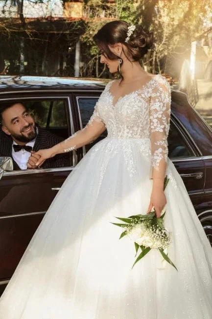 Half sleeves lace V-neck A-line Princess Wedding Dress by misshow.com
