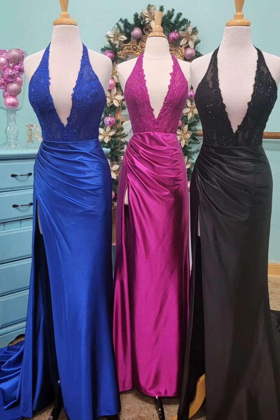 Nerute | Fuchsia Lace Applique Satin High Slit Mermaid Prom Dress by KissProm