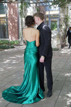 Josie | Navy Halter Corset Mermaid Plunging Deep V-neck Ruched Long Formal Dress with Slit by KissProm