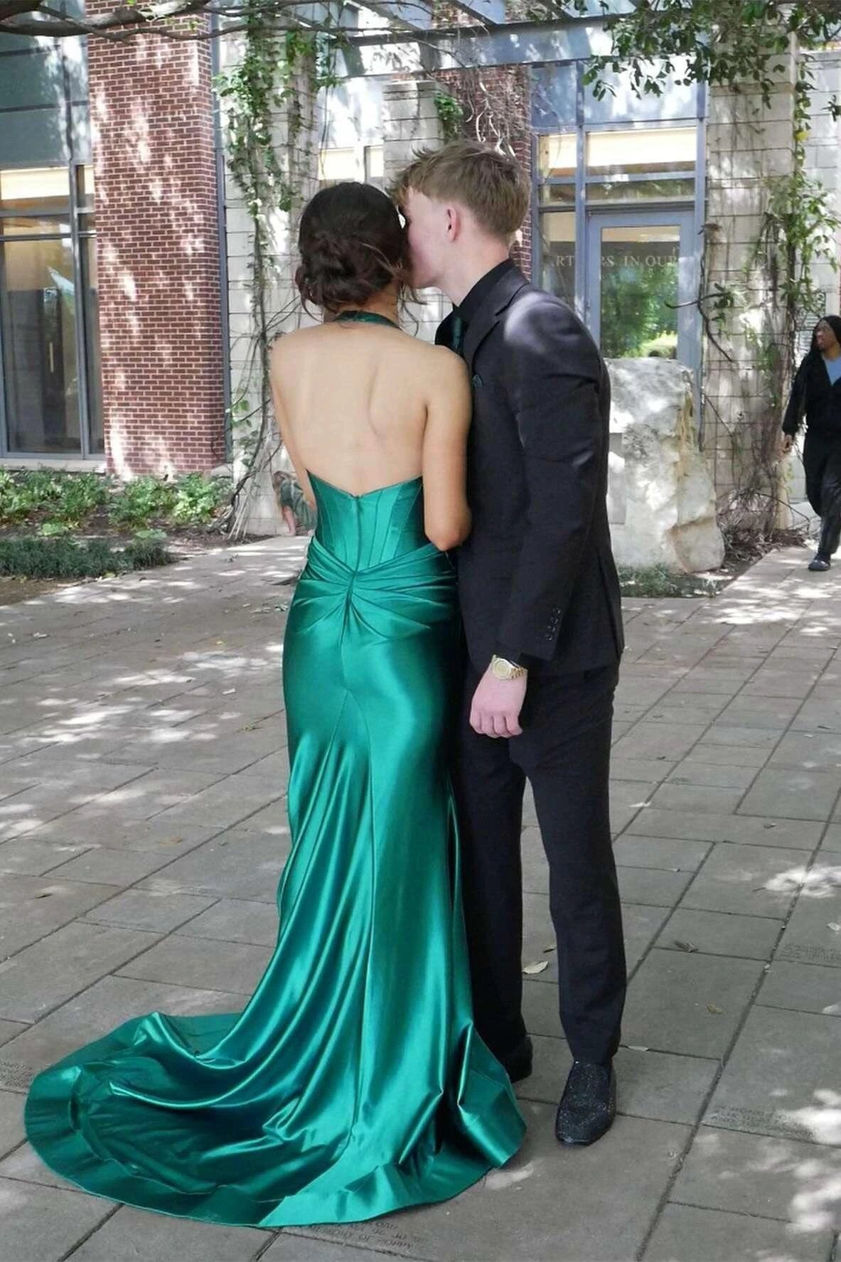 Josie | Navy Halter Corset Mermaid Plunging Deep V-neck Ruched Long Formal Dress with Slit by KissProm