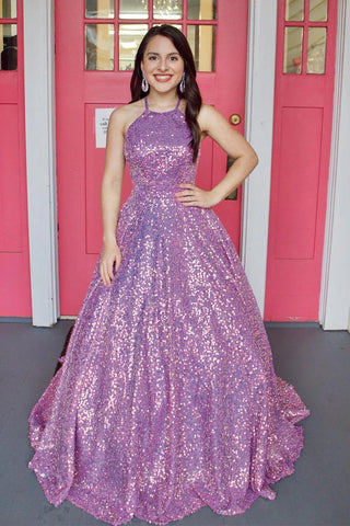 Vestido formal con lentejuelas y cuello halter SYP155