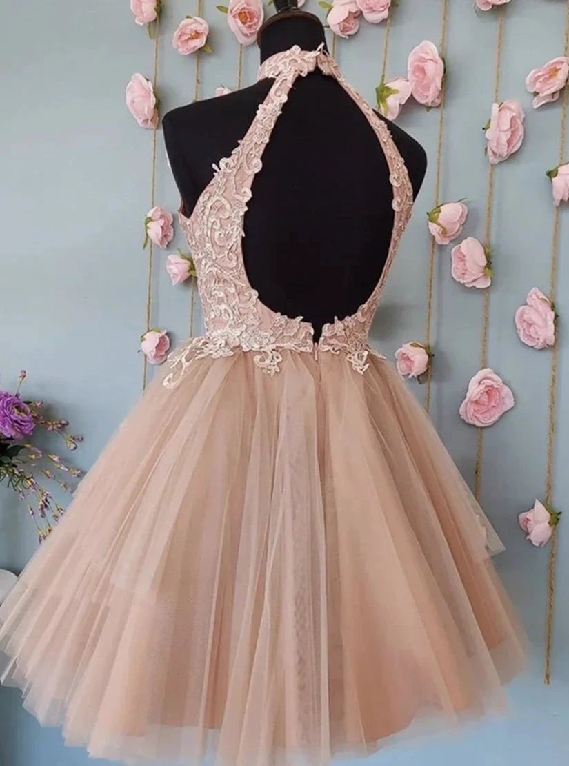 Cute Open Back Tulle Lace Short Prom Dresses Homecoming Dresses by Ombreprom