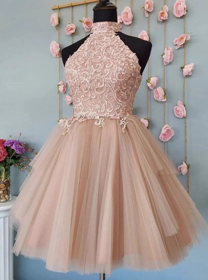 Cute Open Back Tulle Lace Short Prom Dresses Homecoming Dresses by Ombreprom