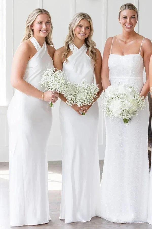 Halter Neckline Cutout Back Long White Bridesmaid Dress BD120 by pgmdress