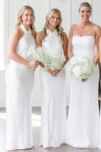 Halter Neckline Cutout Back Long White Bridesmaid Dress BD120 by pgmdress