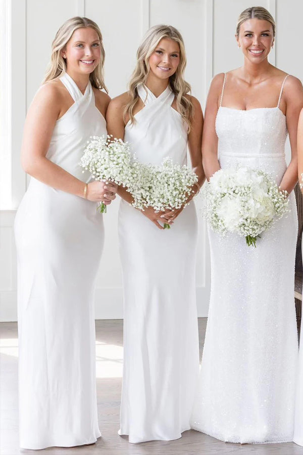 Halter Neckline Cutout Back Long White Bridesmaid Dress BD120 Hover Image