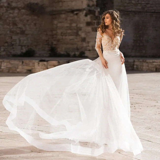 Haute Couture Luxury Elegant White Satin Long Sleeve Backless Sweep Train Deep V-Neck Mermaid Backless Embroidery Wedding Dress Hover Image