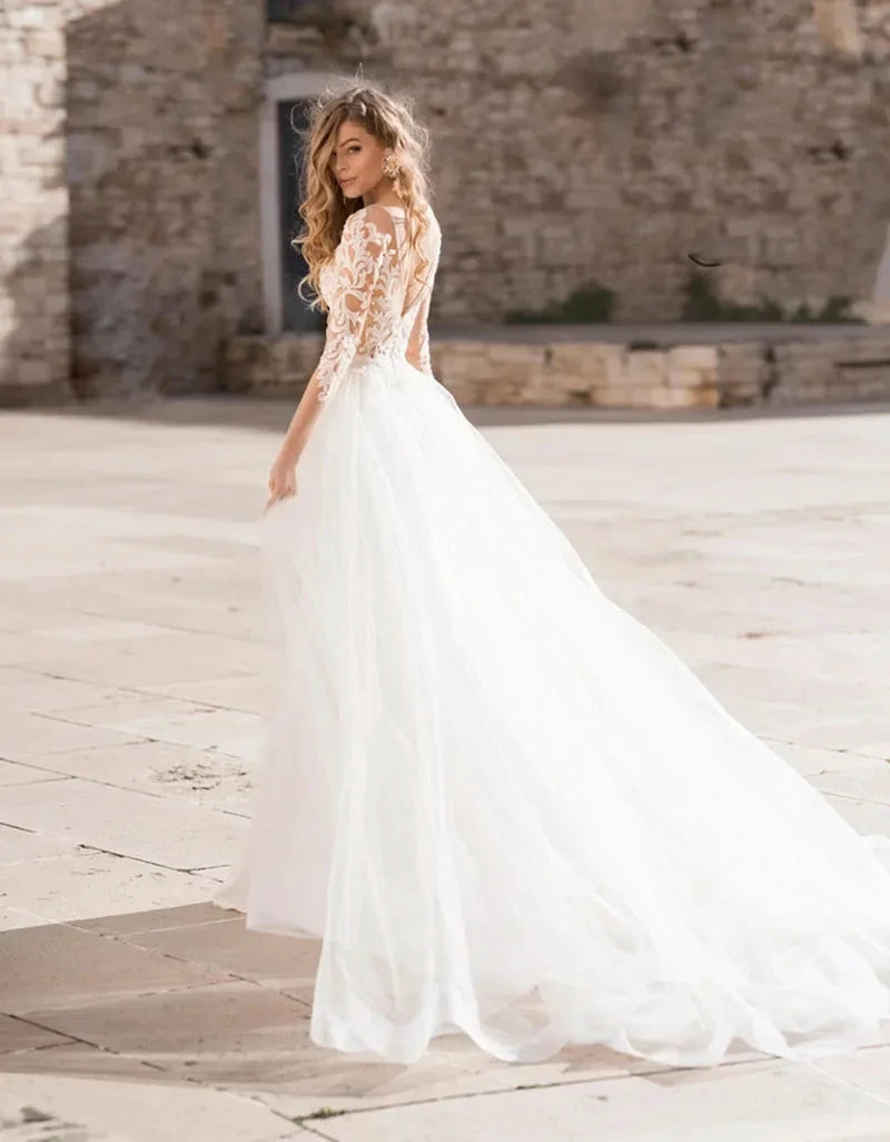 Haute Couture Luxury Elegant White Satin Long Sleeve Backless Sweep Train Deep V-Neck Mermaid Backless Embroidery Wedding Dress by payinti