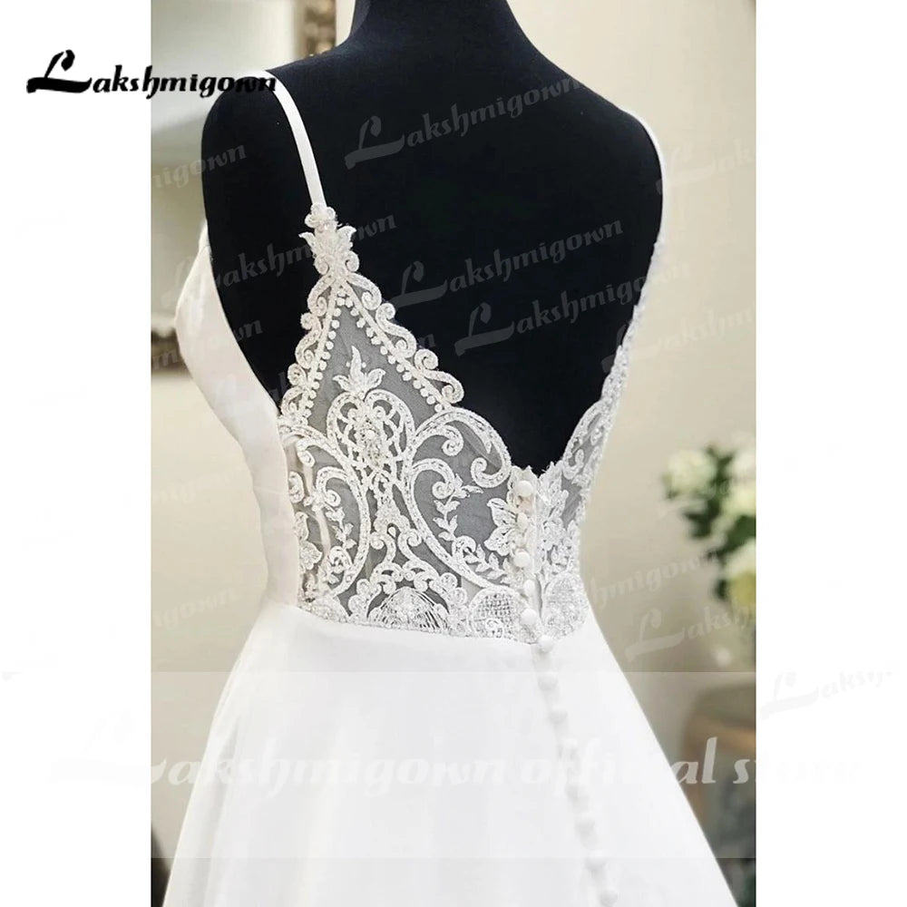 Customized Spaghetti White Sexy Crepe Satin Wedding Dress A Line Engagement Dress Boho Wedding Gowns Dress White Robe De Mariee