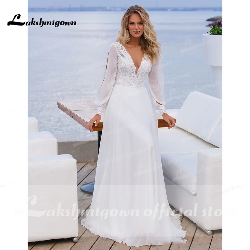 Simple Boho Wedding Dress Customized Robe Longue Vintage Lace Chiffon Long Wedding Dresses Chic Bridal Gowns