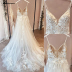 Spaghetti Straps Vintage Lace Wedding Dress With V Neckline Bride Dress Tulle Beach Bridal Gown Trouwjurk Customized